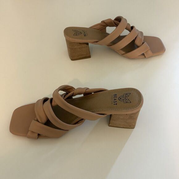 Womens Slip on Slides 11 Tan Strappy Mid Chuncky Stack Heel Sq Toe Beast Fashion - Picture 3 of 7